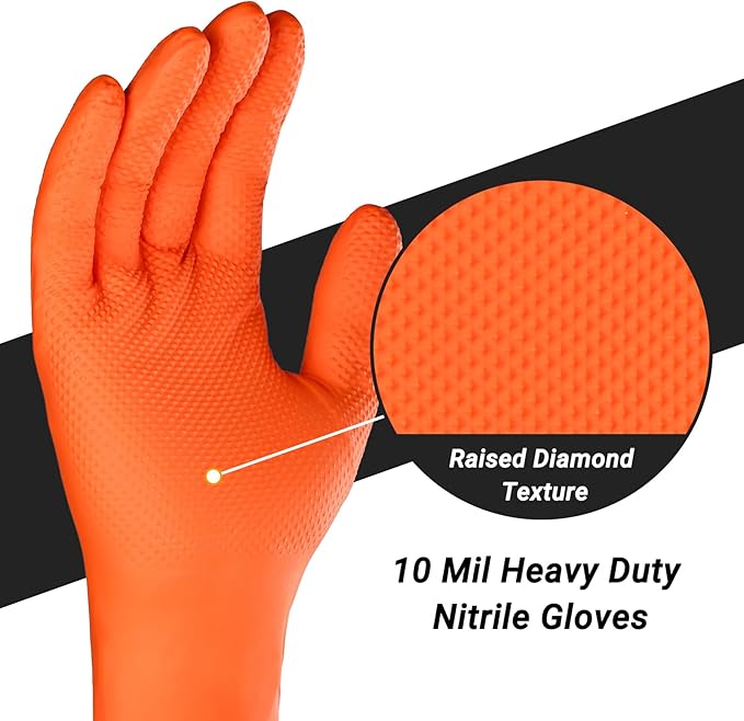 10 Mil Nitrile Gloves for Working, Cleaning, Cooking, 100 PCS Chemical Resistant Heavy Duty Disposable Orange Nitrile Gloves Work, Medium, Latex Free, Industrial Camping Essentials