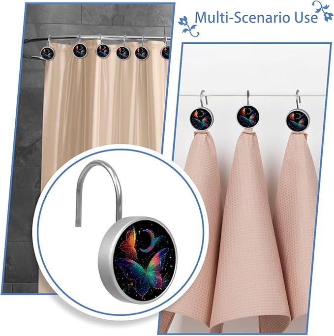 12 Packs Starry Sky and Fantasy Butterfly Shower Curtain Hooks, Stainless Steel Glass Shower Curtain Rings for Bathroom Decor, Metal Rustproof Curtain Rod Hooks