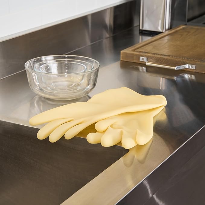 Restaurantware Latex Gloves 10 Count 13 Inch Extra Large Textured Grip Disposable Gloves for Kitchen Safety, 22-Mil Thickness and Long Cuff Yellow Rubber Gloves for Food Preparation and Cleaning