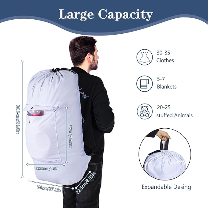 Sanlykate Canvas Backpack Laundry Bag - Extra Large Durable Dirty Clothes 2-3 Days Capacity with Adjustable Shoulder Strap & Front Pocket, for College Dorm, Apartment, Laundromats, Camping Travel