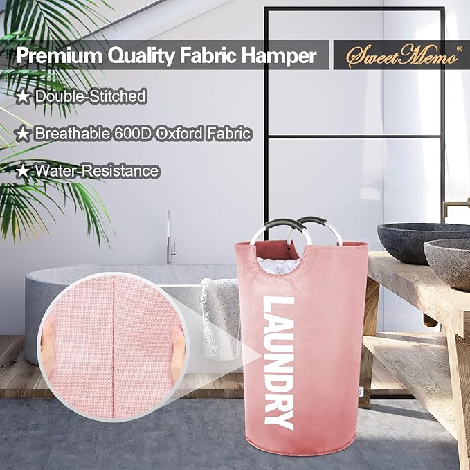 Large Laundry Basket Collapsible，Freestanding Clothes Hamper Bag with Handles – Tall Folding Dirty Laundry Bin，Sturdy Laundry Sorter for College Dorm，Laundry Room – 95L (Pink)