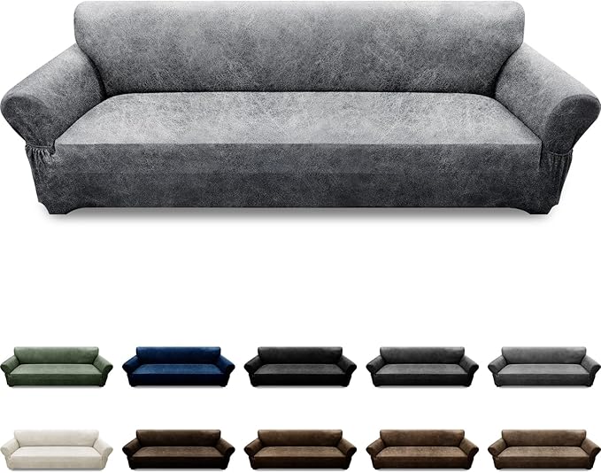 Oversized Sofa Slipcover Leather Look Couch Cover for 4 Seater Sofa 1-Piece Sofa Cover Stretch Furniture Protector with Elastic Bottom & Pockets(XL Sofa, Light Grey)
