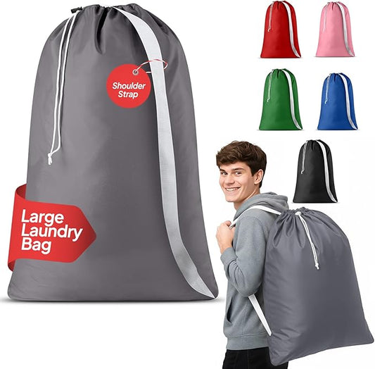 Handy Laundry Bag Shoulder Strap Extra Large - Drawstring Locking Closure, Durable Material, Heavy Duty Stitching, Hands Free Carrying - Perfect College Dorm (Grey, 30" x 40")