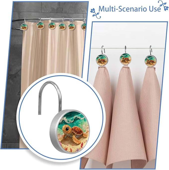 Beach Cartoon Ocean Turtle Shower Curtain Hooks Rings, Stainless Steel Rust Proof Shower Curtain Hooks, Decorative Shower Hooks for Bathroom Shower Rods Curtains, Set of 12