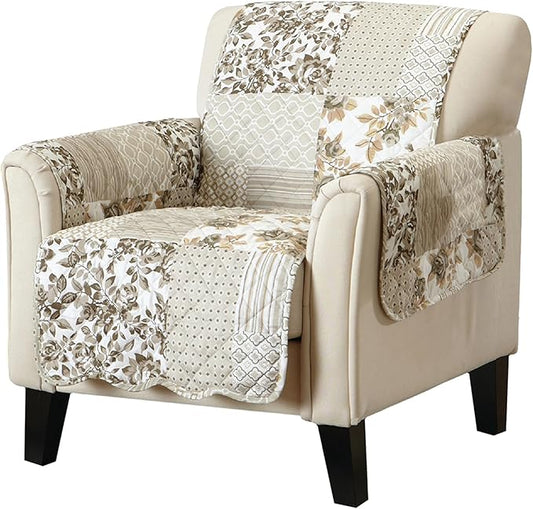 Great Bay Home Reversible Patchwork Chair Cover - Washable Slipcover Furniture Protector with Elastic Straps - Chair Cover for Dogs, Kids, and Pets - Box-Stitched Detail (Chair, Taupe)