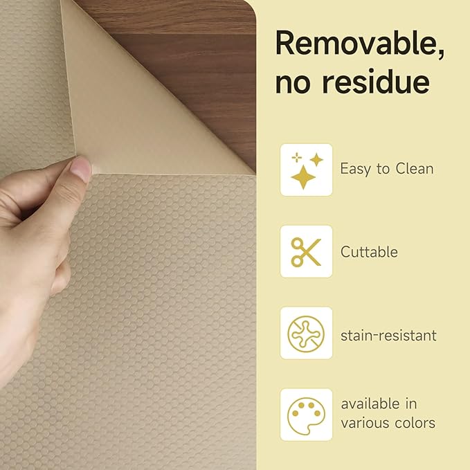 WochiTV Adhesive Shelf Liner 17.5 X 360 Inches Peel and Stick Kitchen Liner for Cabinets, Drawers Removable Protector Mat Waterproof Contact Covering for Dresser Pantry Countertops Shelves, Khaki