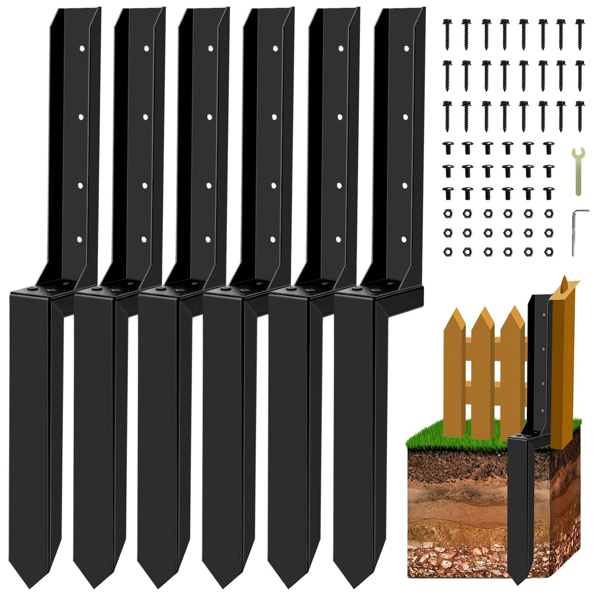 6 Pack Fence Post Repair Kit, Fence Post Anchor Ground Stakes - Image 1