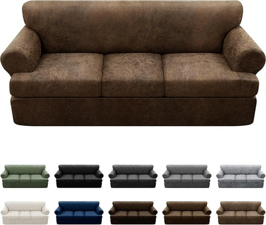 4-Piece T Couch Cover - Leather Look Slipcovers for 3 Cushion Sofa, Brown
