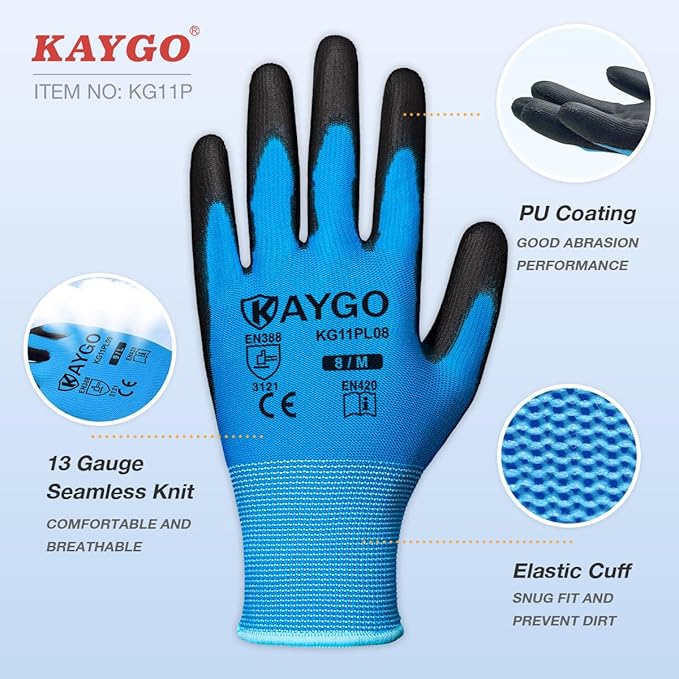 KAYGO Work Gloves for Men and Women, 60 Pairs Seamless Knit PU Coated Safety Gloves, with Smooth Grip on Palm and Fingers, Ideal for Light Warehouse, Manufacturing, Gardening, KG11P (L, Blue)
