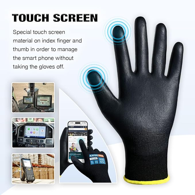 Work Gloves PU Coated for Men and Women, 12 Pairs Safety Work Gloves with Two Fingers Touchscreen, Breathable and Lightweight,Ideal for Light Warehouse, Manufacturing, Gardening, KG11P (S,Green)