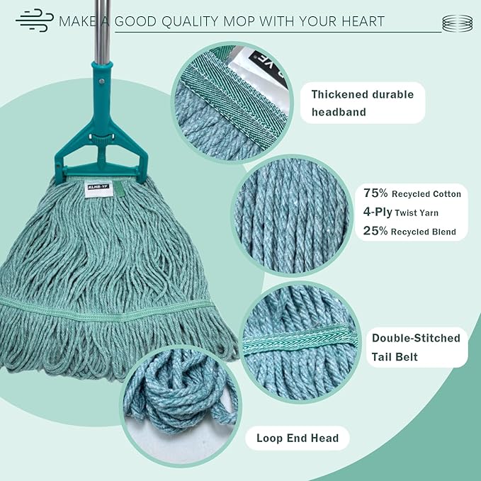 Commercial Cotton Mop Heavy-Duty Industrial with 2 Replacement Heads 152 cm Handle Replacement mop Head (Green)
