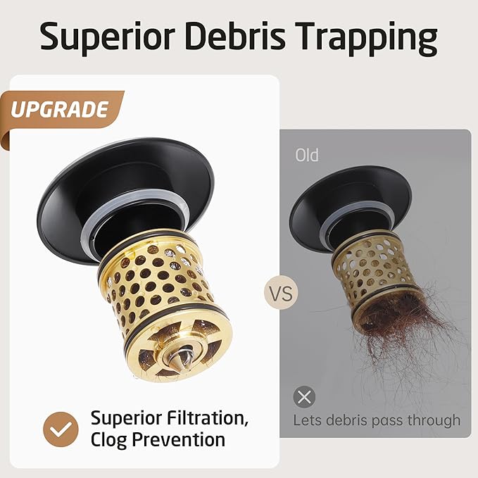 KES Pop Up Drain Without Overflow with Detachable Hair Catcher Sink Drain Strainer for Bathroom Sink Drain Matte Black, S2018D-BK