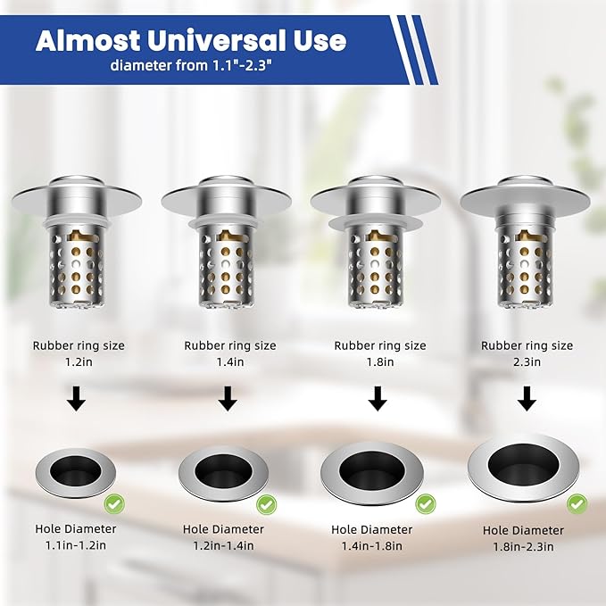 Universal Bathroom Sink Drain Strainer Hair Catcher Upgraded with Removable Stainless Steel Filter Basket, 3 in 1 Pop Up Sink Stopper for 1.1''~2.36'' Sink Basin Hole, Chrome