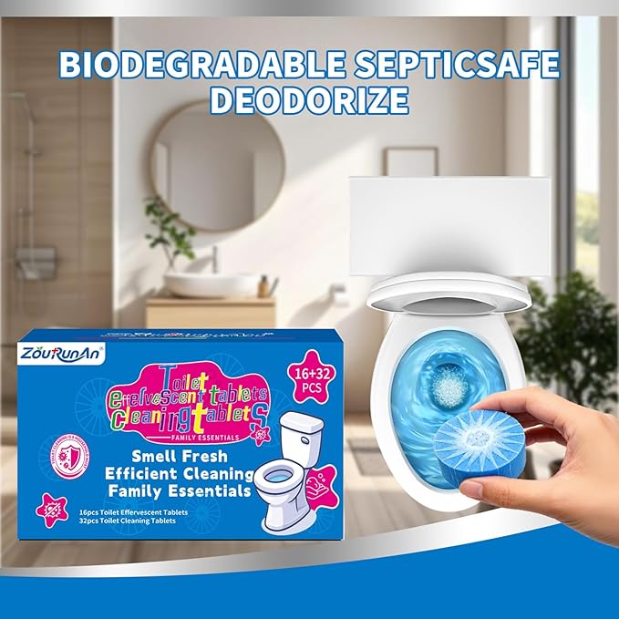 48PACK Toilet Cleaning Tablets Set - 16 Effervescent Toilet Bowl Cleaners Tablets + 32 Blue Toilet Tank Tablets, Double-Action Formula for Stain, Water Deposit Removal
