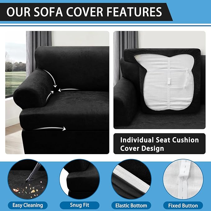 3-Pieces T Cushion Sofa Slipcovers Leather Look Couch Cover for 2 Cushion Couch Furniture Protector Stretch Sofa Cover with 2 Individual T Cushion Seat Covers Washable, Black