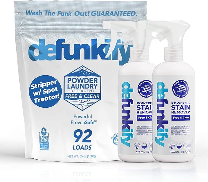 Get Stainy Bundle- 'Free & Clear' Laundry Detergent & 2Pk Stain Remover Spray. Washing Detergent Soap & Spot Treater Prewash for Activewear, Carpet, Gear. Kid, Pet & Sensitive Skin Safe