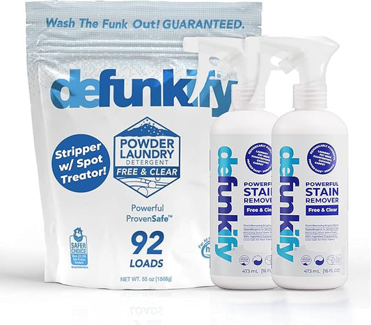 Get Stainy Bundle- 'Free & Clear' Laundry Detergent & 2Pk Stain Remover Spray. Washing Detergent Soap & Spot Treater Prewash for Activewear, Carpet, Gear. Kid, Pet & Sensitive Skin Safe
