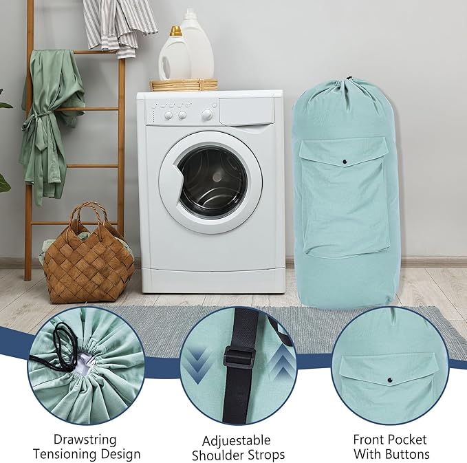 Sanlykate Canvas Backpack Laundry Bag - Extra Large Durable Dirty Clothes 2-3 Days Capacity with Adjustable Shoulder Strap & Front Pocket, for College Dorm, Apartment, Laundromats, Camping Travel
