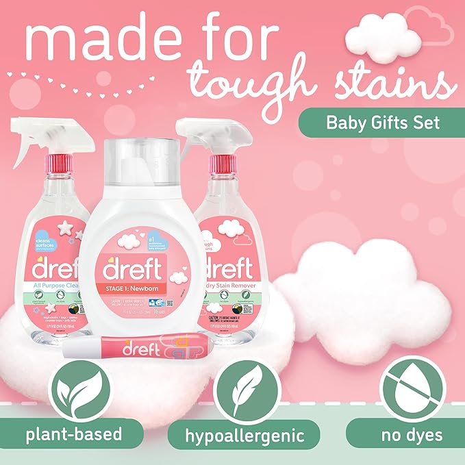 Baby Gifts Set by Dreft, Baby and Mom Gift Set with Liquid Laundry Detergent, Laundry Stain Remover, Stain Remover Pen & All Purpose Cleaner Spray, Great for Baby Showers