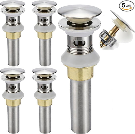 Bathroom Sink Drain,5 Pack Drain Stopper Bathroom Sink with Overflow,Pop Up Drain Assembly with Detachable Strainer Basket,Built-in Anti-Clogging Strainer,Stainless Steel Brushed Nickel