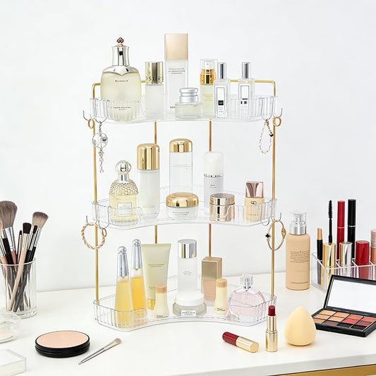 3-Tier Corner Bathroom Organizer Countertop with Hooks, Bathroom Sink Corner Vanity Storage for Makeup, Skincare and Perfume (White Gold)
