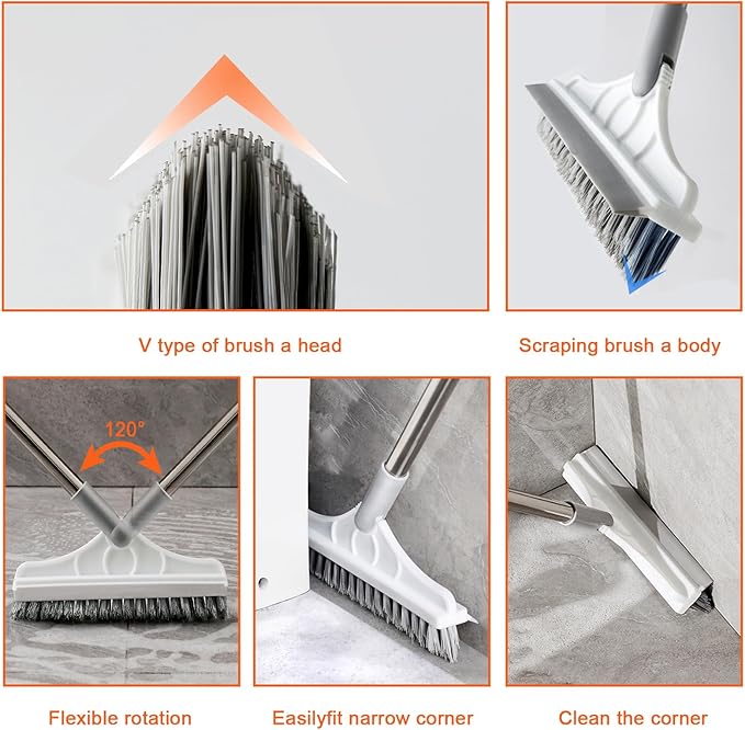 2 Pcs Grout Brush with Long Handle - Upgrade, 120°Rotation Tile Grout Cleaning Tool, V-Shape Shower Scrubber Cleaner Stiff Bristle for Cleaning Bathroom Wall, Baseboards, Tile Floors
