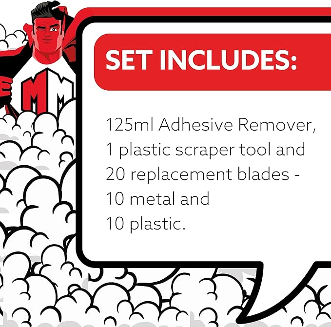 Mighty Melt Adhesive Remover Kit – 125ml Adhesive Remover and Multi-Surface Plastic Scraper Tool - For Cleaning Sticky Residue, Labels, Stickers & Sticky Tape from Windows, Ovens, Hobs & More