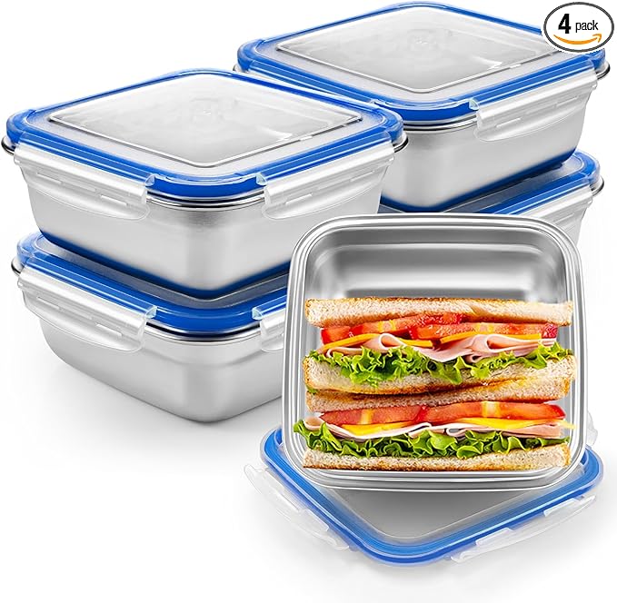 4 Pack Stainless Steel Sandwich Containers with Lids 25.4 oz Metal Food Container for Lunch Boxes with Airtight Silicone Seal for Sandwiches and Snacks(Blue)