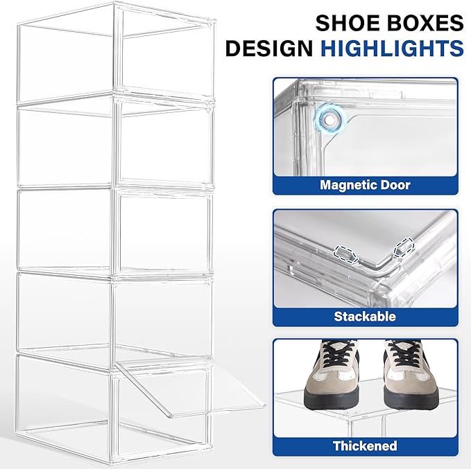 2 Pack Drop Front Shoe Boxes Acrylic Box Sneaker Case Size 12, Transparent Display Cases for Sneaker Collections, Baseball Caps, Hat Organizer Dust-free Shoe Cubbies Stackable Sneaker Boxes