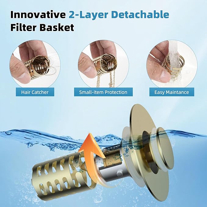 Universal Metal Bathroom Sink Drain Strainer Hair Catcher Upgraded 3 in 1 Pop-up Sink Stopper, with Detachable Stainless Steel Filter Basket, Fit for Standard 1.1''~2.36'' Basin Hole, Brushed Gold