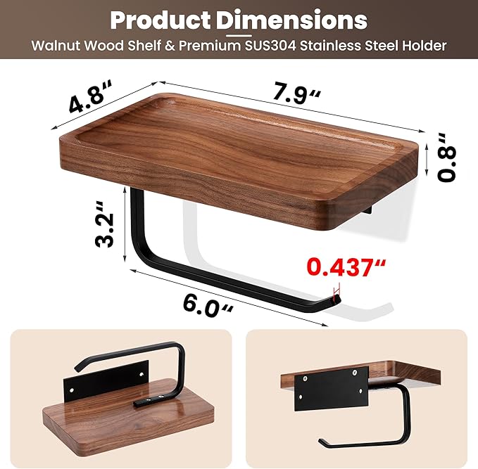Toilet Paper Holder with Walnut Wood Shelf - Wall Mount & Self-Adhesive Bathroom Tissue Holder, Black Stainless Steel with Walnut Shelf for Phone - Home Apartment Restroom Decor Essentials