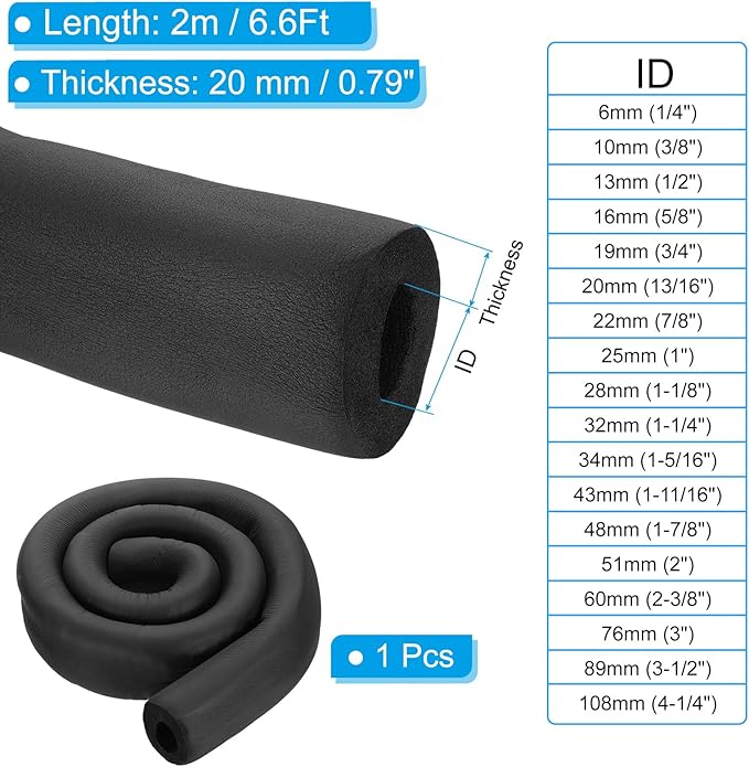PATIKIL 1-5/16"(34mm) ID x 6.6Ft Pipe Insulation Foam Tubes, Pipe Cover Wrap Roll Bar Padding Tubing for Handle Grip HVAC Outdoor Air Conditioner Units, Black
