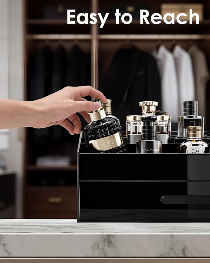 ProCase Cologne Organizer for Men with Drawer, Acrylic Perfume Holder & Bathroom Countertop Organizer for Men & Women, Dresser Vanity Storage for Cologne, Perfume and Skincare -1 Layer