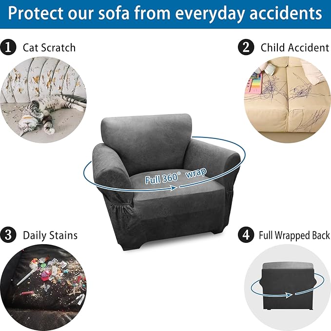 Single Sofa Cover Leather Look Chair Covers for Living Room 1-Piece Sofa Chair Covers with Arms Stretch Furniture Protector with Elastic Bottom & Pockets(Armchair, Grey)