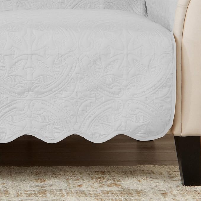 Great Bay Home Reversible Loveseat Cover - Washable Slipcover Furniture Protector with Elastic Straps - Couch Cover for Dogs, Kids, and Pets - Quilted & Stitched Detail (Loveseat, White/Sand)