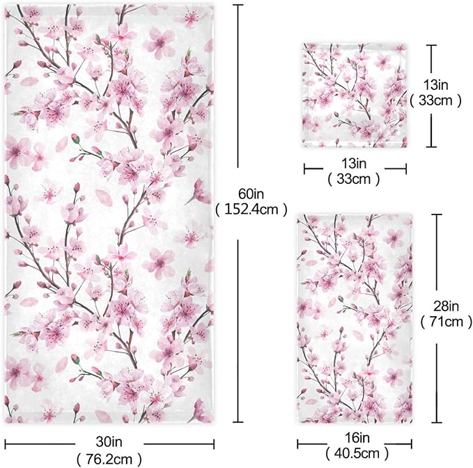Pfrewn Cherry Blossoms Flowes Towels Set of 3 Watercolor Pink Floral Sakura Branch Bathroom Towel Soft Absorbent Bath Hand Towels Washcloth Guest Towel Sets Bathroom Decorations