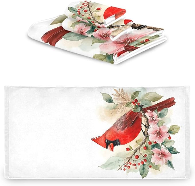 Pfrewn Christmas Winter Towels Set of 3 Red Cardinal Bird on Beautiful Flowers Bathroom Towel Soft Absorbent Bath Hand Towels Washcloth Guest Towel Sets Xmas Holiday Decor