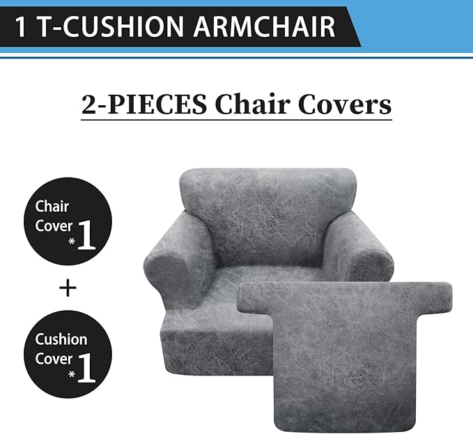 2-Pieces T Cushion Armchair Slipcovers Leather Look Couch Cover Chair Covers Stretch Furniture Protector Sofa Cover with 1 Individual T Cushion Seat Cover Slipcover Sets Washable, Light Grey