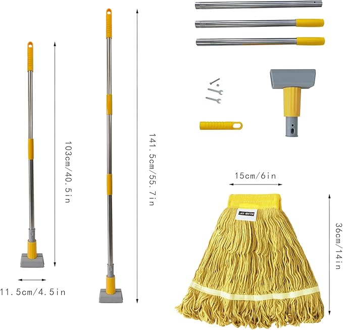 Heavy Duty Commercial Mop | 55.7" Stainless Steel Handle & 2 x 20.5 oz Looped-End Cotton Heads | Wet Mop for Home Garage Office Warehouse Floor Cleaning