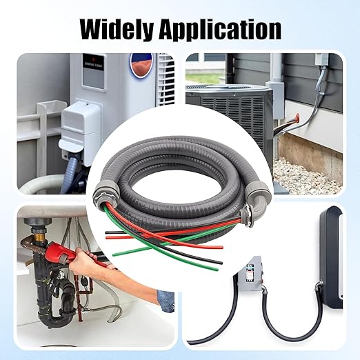 1/2Inch Outdoor Electrical Whips Kit, 4 FT Nonmetallic Liquid Tight Flexible Conduit Wire with 3 Conductors 10 Gauge THHN Electrical Wires, A/C Disconnect Box Power Whips Assembly (4FTx1/2Inch)