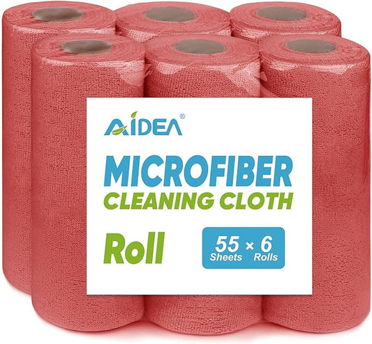 AIDEA Microfiber Cleaning Cloth 330 Sheets(6 Roll), Microfiiber Cloth for Cleaning Car, Reusable Paper Towels, Red Shop Rags Microfiber Towels for Automotive, Mechanic, Workshops, House-11×9"