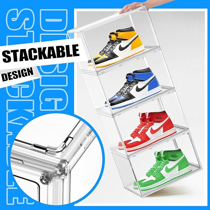 Clear Shoe Storage Boxes 6 Pack, Size 13 Acrylic Shoe Box Stackable Large Sneakers Display Case with Magnetic Door Hat Collectibles Handbag Purse Organizer for Closet