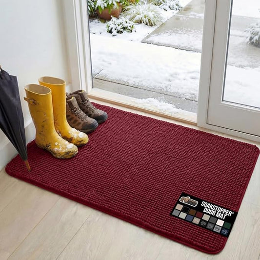 GORILLA GRIP SoakSTOPPER Dog Door Mat, 48x30 Machine Washable Rug Absorbent Doormat Captures Moisture Mud Dirt, Quick Dry Soft Chenille Entryway Rugs Indoor Entrance Mats for Dog Paws, Burgundy