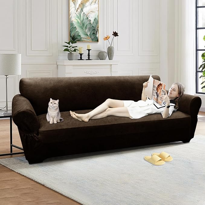 Oversized Sofa Slipcover Leather Look Couch Cover for 4 Seater Sofa 1-Piece Sofa Cover Stretch Furniture Protector with Elastic Bottom & Pockets(XL Sofa, Coffee)