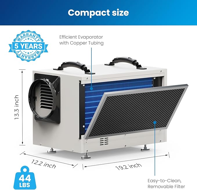 BaseAire Crawl Space Dehumidifier,113 Pint Dehumidifiers with Drain Hose for Basement, Commercial, Industrial, Portable, Auto Defrost, Memory Starting