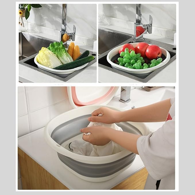 3-piece folding washbasin set, foldable dishwasher basin, space-saving folding sink, suitable for apartments, camping, dishwashing, fruit and beverage container, hiking, and household use (Pink)