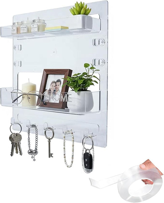 Bedside Shelf with Nanotape, No Drill Wall Mounted Organizer for Phone & Remote, Floating Charging Shelf for Dorm, Apartment, RV, Small Space Bedroom Decor for College Girl,Clear