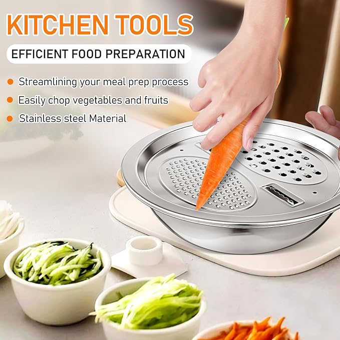 Stainless Steel Wash Basin with Drain Basket and Built-in Shredder Slicer Multifunctional Kitchen Colander for Washing and Draining Fruits and Vegetables 10X10X2.7 Inches