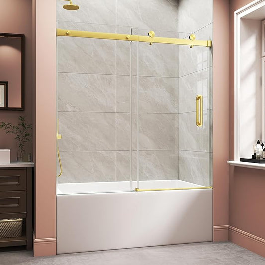 Frameless Bathtub Shower Door, Tub Sliding Door with Nano Coating & Safety Film, 1/4" (6mm) SGCC Tempered Glass，Adjustable 55"-60" W x 60" H, Brushed Gold
