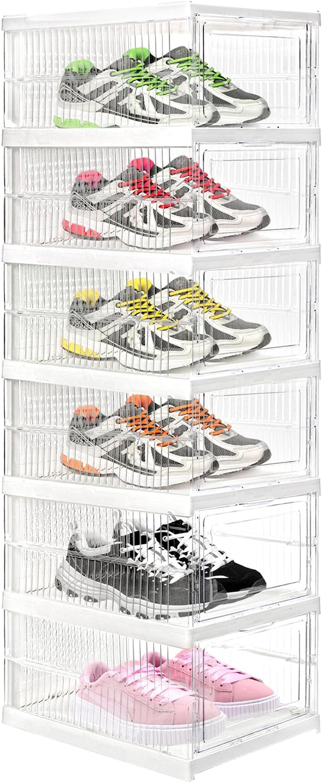 Hedume 6 Pack Clear Shoe Boxes Stackable, Drop Front Shoe Storage Box, No Assembly Plastic Shoe Organizer Storage Bin with Door, Free Standing Shoe Shelf Cabinet with Lid for Size 13, 13.6"x10"x7.9"